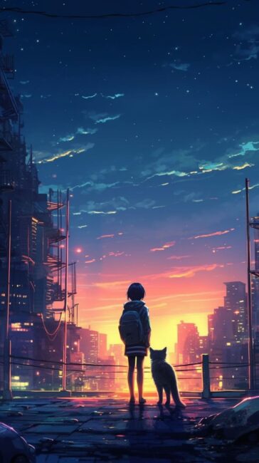 Girl and Cat Looking at the Sky Lofi Background