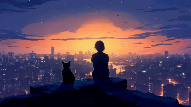 Girl and Cat Silhouette Lofi Background
