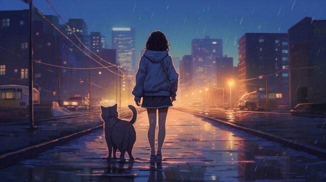 Girl and Cat Walking at Night Lofi Background