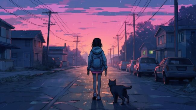 Girl and Cat in Street Lofi Wallpaper