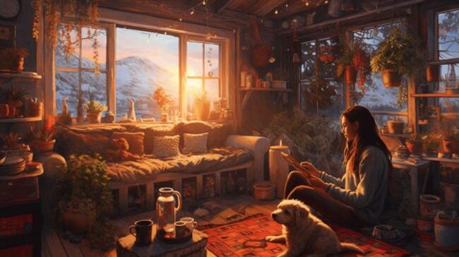 Girl and Dog Bedroom Scene Lofi Background