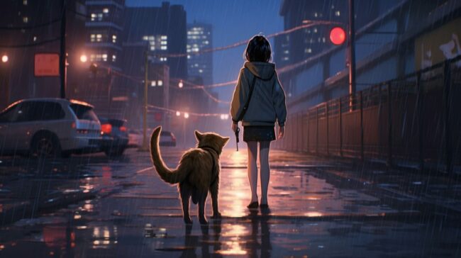 Girl and Dog Walking in the Rain Lofi Background