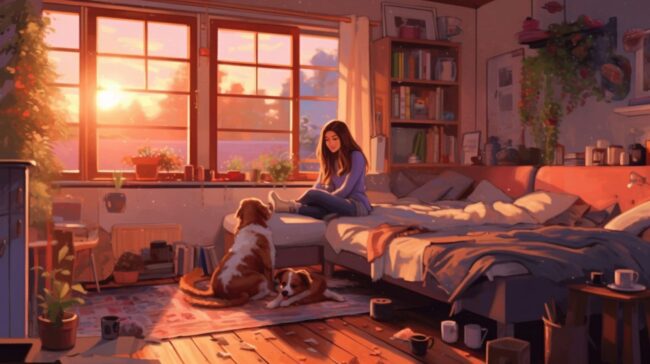 Girl and Dogs in Bedroom Lofi Background Wallpaper
