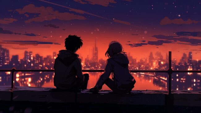 Girl and Guy Silhouette Looking at City Lofi Wallpaper