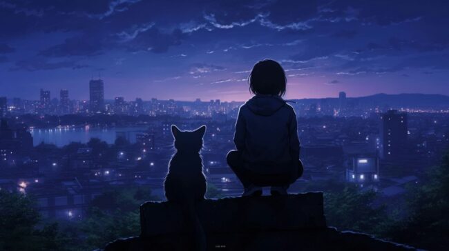 Girl and cat at Night Watching the City Lofi Background