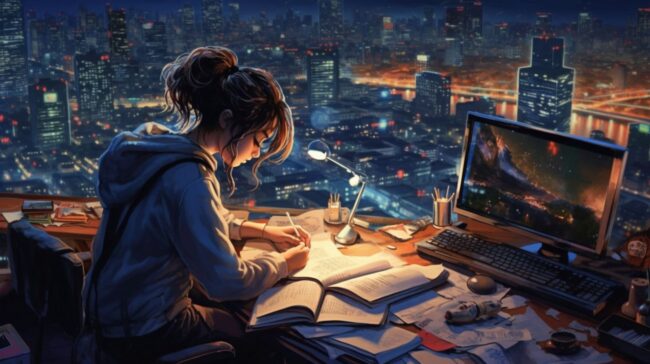 Girl at Desk with City View Scene Lofi Wallpaper