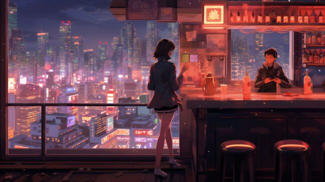 Girl at a Rooftop Bar Lofi Background