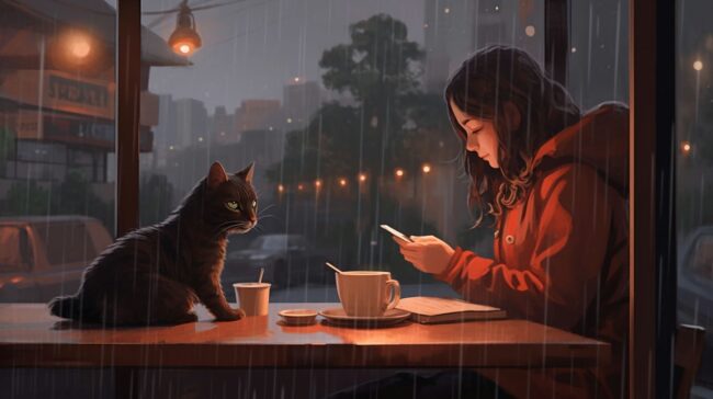 Girl drinking Coffee with Cat Lofi Background