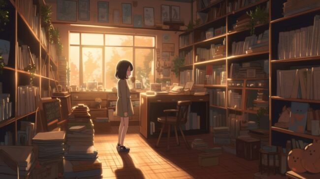 Girl in Cute Bookstore Lofi Background