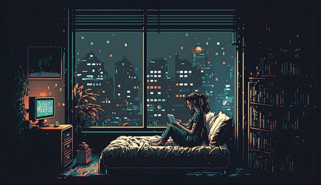 Girl in Dark Room Pixel Art Lofi Background