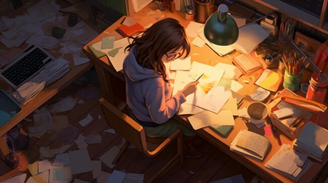 Girl in messy Study Lofi Background