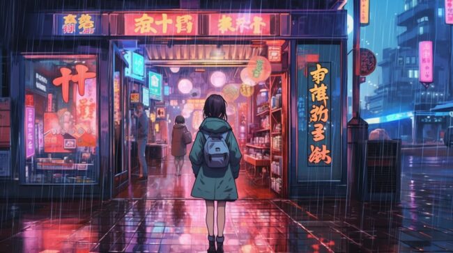 Girl looking at Shop in the Rain Lofi Background