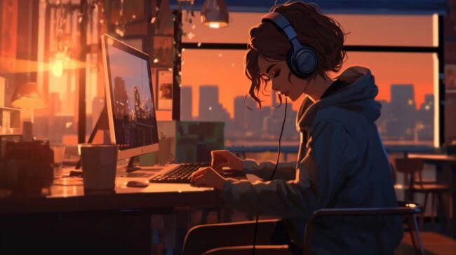 Girl relaxing at Computer Lofi Wallpaper