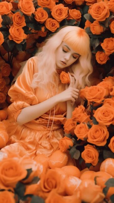 Girl with roses Orange Background