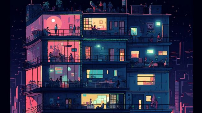 Glowing Apartment Block Windows at Night Lofi Background