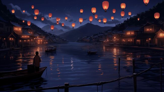 Glowing Lanterns over a Lake Lofi Background
