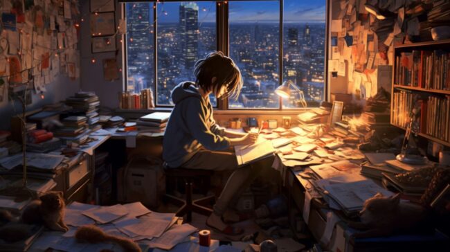 Guy Studying at Messy Desk Lofi Background