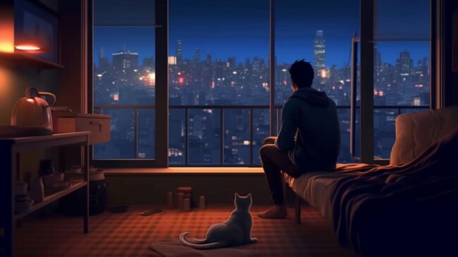 Guy and Cat in Bedroom at Night Lofi Background Wallpaper