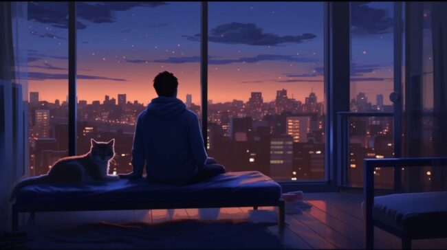 Guy and Dog in Room at Night Lofi Background