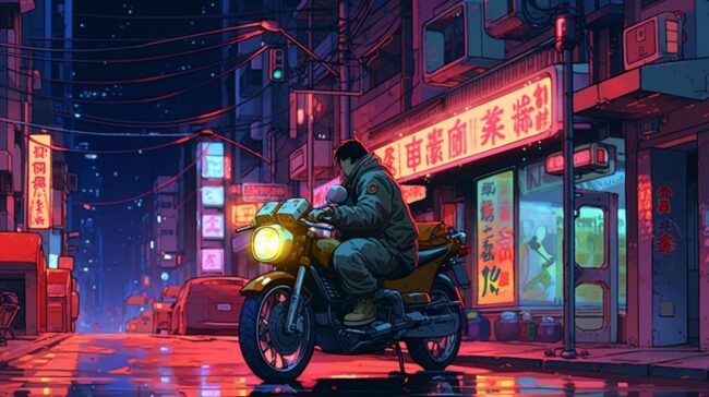 Guy in Japanese Street Motorbike Lofi Wallpaper