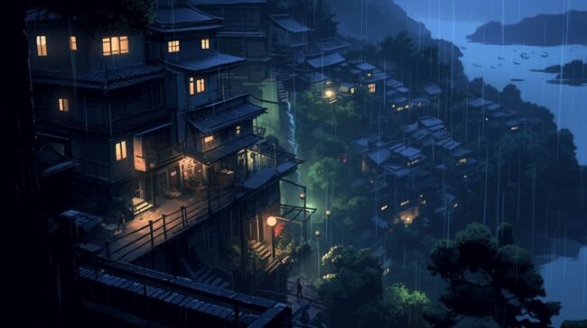 Homes on the Cliffs Raining Scene Lofi Background