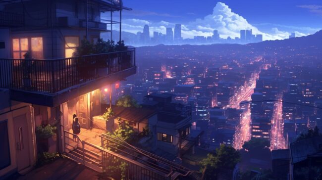 House on Cliff Overlooking City Scene Lofi Background
