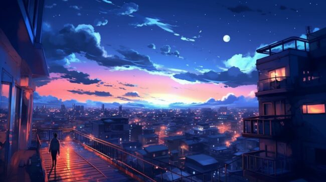 Japanese Town Roof Tops Lofi Background Desktop
