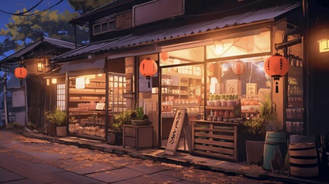 Japanese Village Shop Scene Lofi Wallpaper