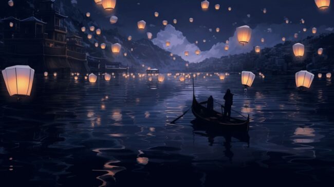 Lanterns Floating at Night Time Lofi Background