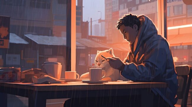 Man and Cat Drinking Coffee Lofi Background
