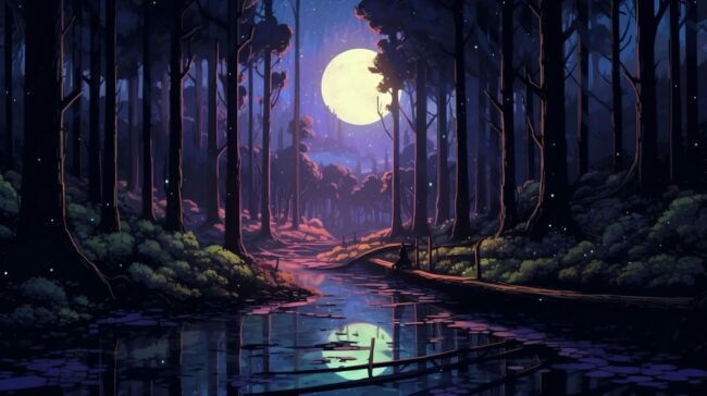 Moon and Forest Scene Lofi Wallpaper