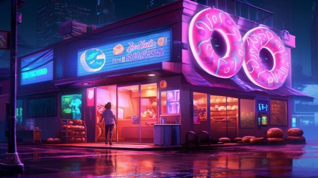 Neon Donut Scene Lofi Wallpaper