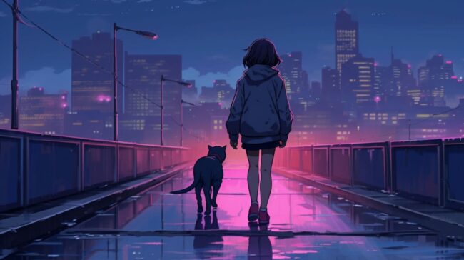 Neon Girl Walking with Cat Lofi Background