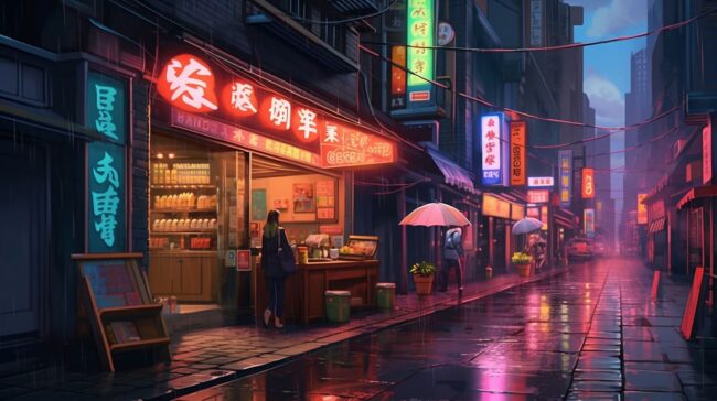 Neon Street Lights at Night Lofi Wallpaper