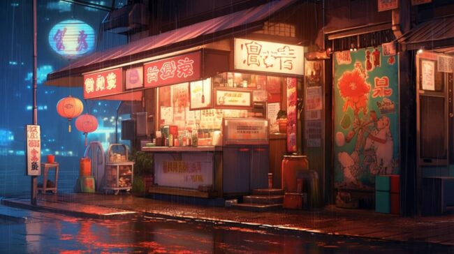 Night Scene Anime Street Stall Lofi Background