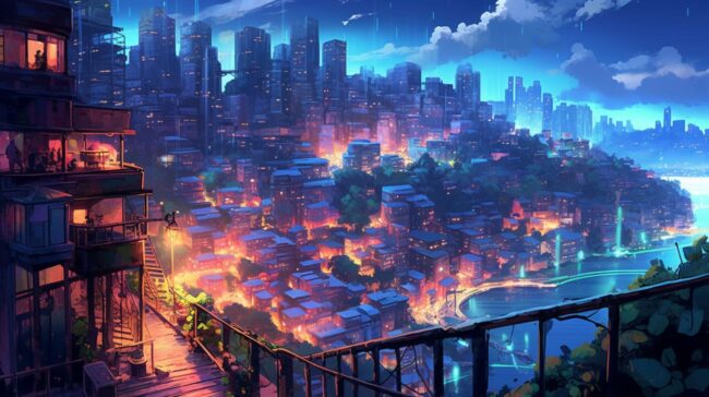 Night Scene of Cliffs and City Lofi Wallpaper