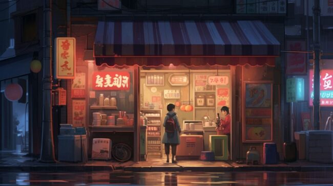Night Scene of Corner Shop Lofi Background