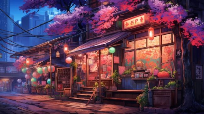 Night Time Pretty Village Shop Lofi Wallpaper
