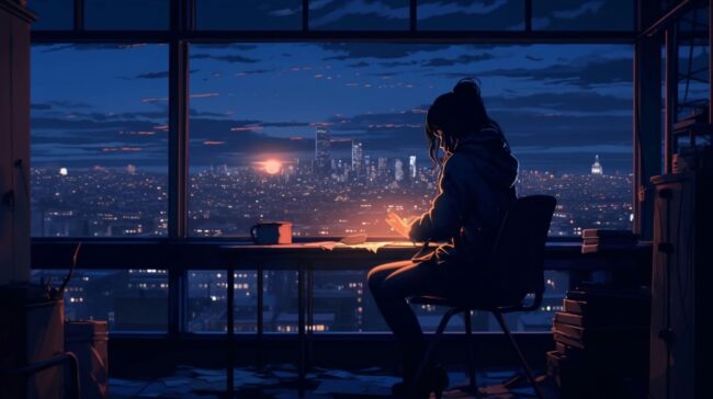 Night Time Scene Girl at Window Lofi Wallpaper