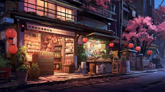 Night Time Scene Village Shop Lofi Background