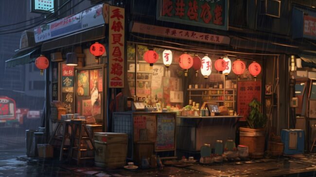 Night Time View of Street Stall Lofi Background