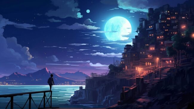 Oceanside Houses and Full Moon Lofi Wallpaper