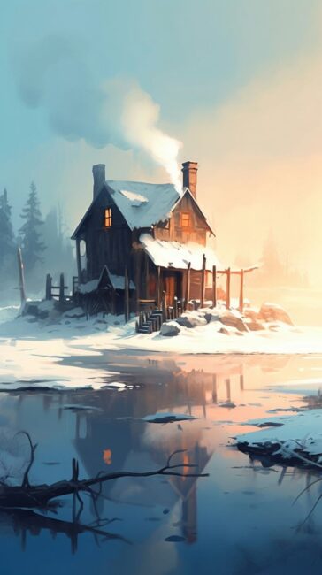 Painting of Snowy Lake Winter Wallpaper
