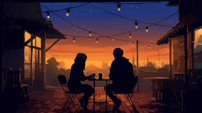 People Sitting Outdoors at Dusk Lofi Wallpaper