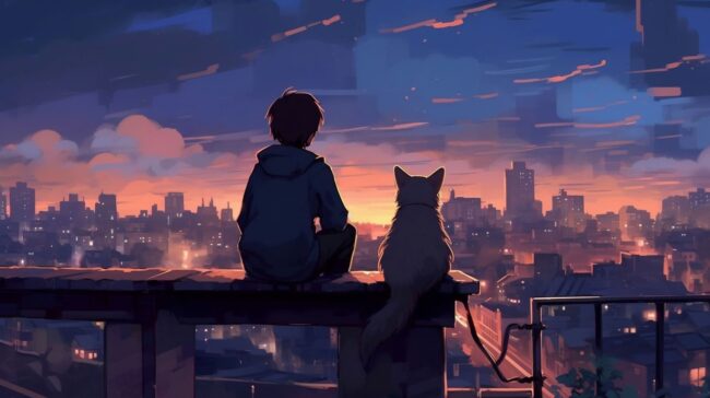 Person and Cat Sitting on Roof Lofi Background
