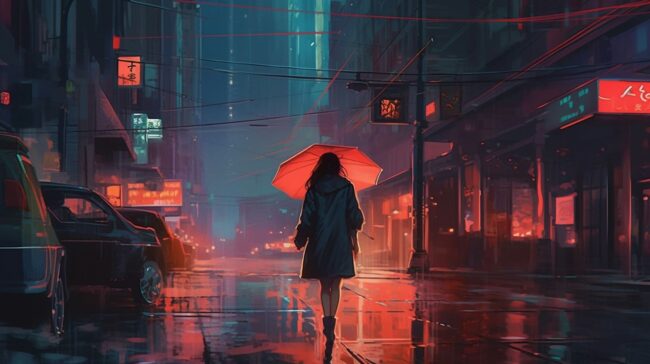Red Aesthetic Girl Walking at Night Lofi Background