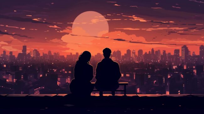 Red Sky Couple Silhouette Scene Lofi Wallpaper
