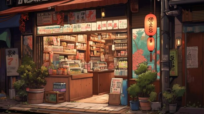 Side Angle View Japanese Shop Lofi Background