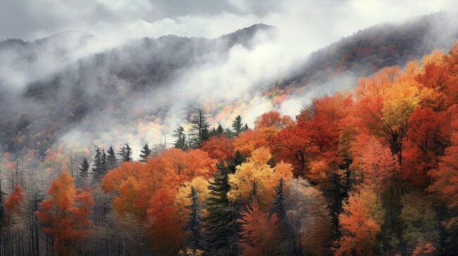 Smoke over the Fall Forest Fall Wallpaper