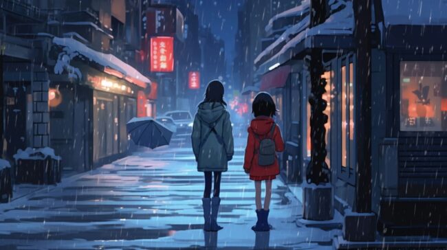 Two people Walking Down a wintery Street Lofi Background